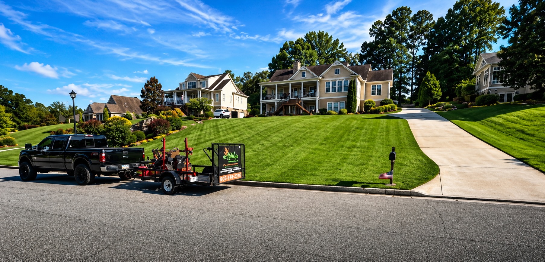 A freshly striped emerald lawn in front of upscale homes, with the Aloha Lawn Services truck, trailer and zero-turn mower parked at the curb
